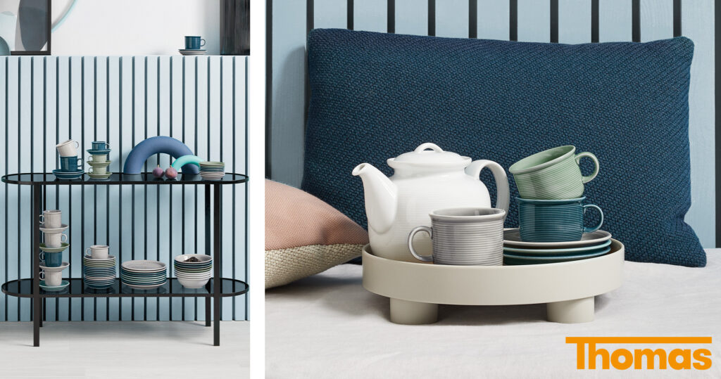 Kaffeeservice Geschirr Set von Thomas aus der Serie Trend Colour in Blau- und Grüntönen.