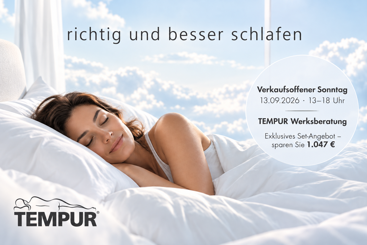 Mehr über den Artikel erfahren Werksberatung und Matratzen+Lattenrost-Aktion von TEMPUR beim großen verkaufsoffenen Sonntag (13.09.2026) bei Möbel Kerkfeld.​